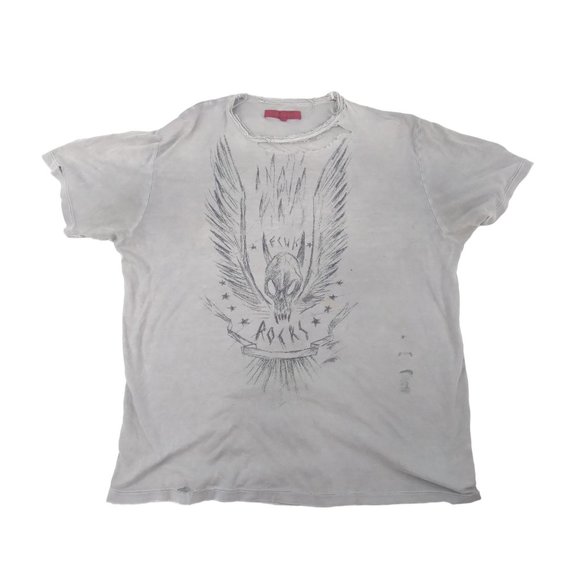 Vtg Y2K FCUK Rocks skull wings Very Distressed thrashed Men's t shirt sz L READ - Picture 1 of 15